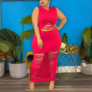 Sexy red sleeveless bodycon maxi dress with cutout details and stretch fabric