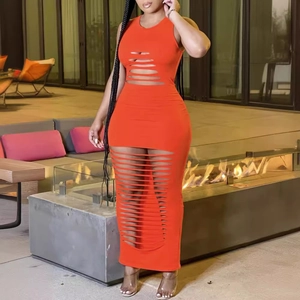 Sleepless bright orange bodycon maxi dress with creative horizontal cut-out patterns
