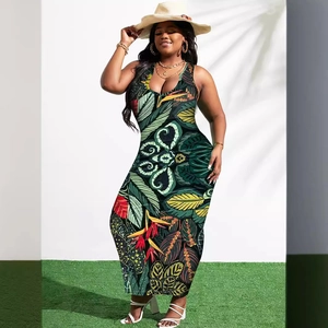 Women's Plus Size Tropical Leaf Print Sleeveless Maxi Dress Sexy High Waist U Neck Bodycon Pencil Dress Summer Vacation