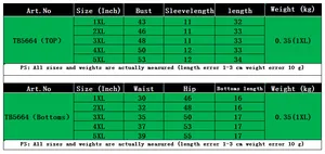 Detailed size chart for women's two-piece print set showing measurements from 1XL to 5XL