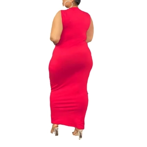 Red sleeveless bodycon maxi dress with back view and form-fitting knitted fabric texture