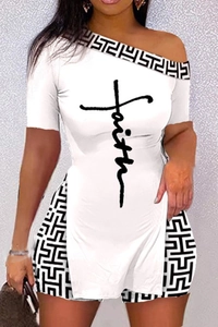 Detail of the Faith script print and geometric pattern on the white off-shoulder top