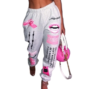 Women's grey jogger pants with pink graphic prints and elastic waist for sporty style