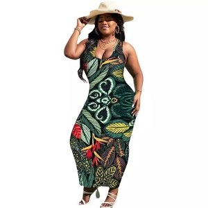 Plus size sleeveless maxi dress with tropical leaf print and slim fit design