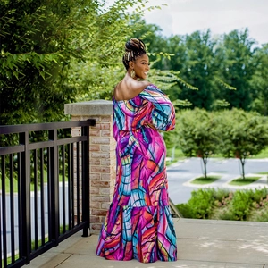 Women's summer off-shoulder maxi dress with colorful abstract tie-dye print