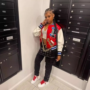 Women's color block baseball jacket with letter embroidery and ribbed trim in casual style