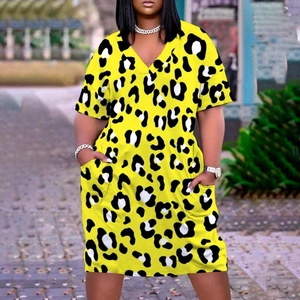 Women summer V-neck short sleeve leopard print mini dress in yellow with side pockets