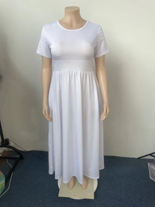 Detail of high-waist pleated white midi dress with short sleeves on mannequin