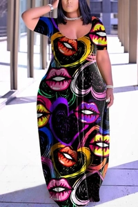 Detail of slim-fit maxi dress featuring vibrant graffiti lip and heart patterns