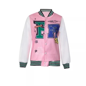 Pink and white letter print varsity jacket with striped ribbing and snap button front