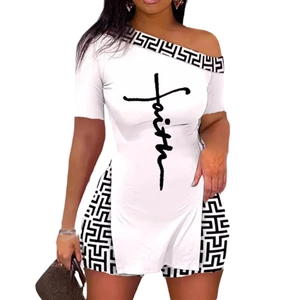 Women's two-piece summer set with off-shoulder top and shorts featuring faith print