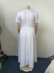 Detail view of the back showing a white short-sleeve maxi dress with invisible zipper