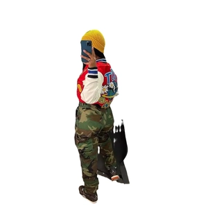 Western style street baseball jacket with letter print and camo cargo pants for women