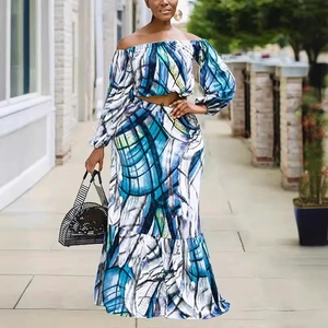 Women's 2-piece summer set with abstract tie-dye print, off-shoulder top and maxi skirt