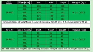 Size guide for plus size short sleeve printed dress with cm and inch measurements from 1XL to 5XL
