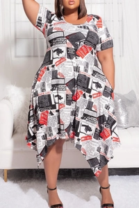 Detail of plus size short sleeve dress featuring irregular hem and newspaper print pattern