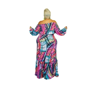 Plus size off-shoulder long sleeve dress with colorful geometric abstract tie-dye print