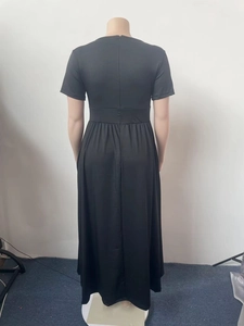 Detail of high waist fit-and-flare black dress with back invisible zipper closure