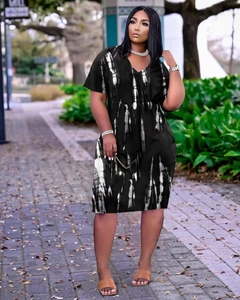 Black V-neck plus size midi dress with white vertical tie-dye stripes and short sleeves