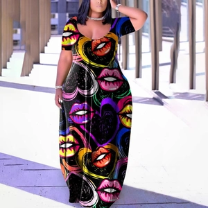 Women Plus Size Bodycon Maxi Dress Pop Art Lips Heart Print Short Sleeve Round Neck Slim Fit Casual Party Long Dress