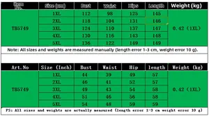 Size chart for V-neck dress TB5749 with measurements for 1XL to 5XL in cm and inches