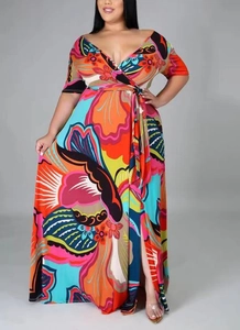 Detail of floral plus size wrap maxi dress featuring V-neckline and waist tie design
