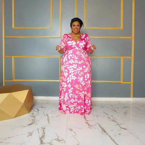 Women Plus Size Floral Print Maxi Dress Elegant V-Neck Long Sleeve Wrap Dress Casual Summer Beach Party Long Gown