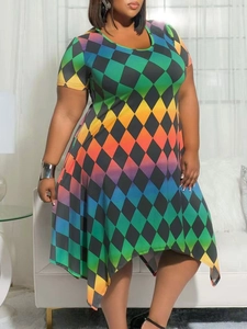 Women Plus Size Short Sleeve Midi Dress Round Neck Irregular Handkerchief Hem Newspaper Rainbow Diamond Print Summer Dress