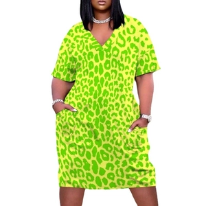 Classic V-neck leopard print dress in neon green with side pockets and a straight silhouette