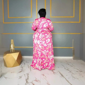 Elegant plus size long sleeve V-neck maxi dress with rose pink floral prints