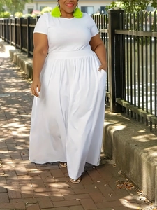Plus size white two-piece set featuring short sleeve T-shirt and high waist maxi skirt