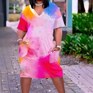 Women's V-neck short sleeve dress with colorful watercolor print and side pockets