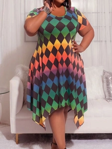 Plus size short sleeve dress with rainbow gradient harlequin print and handkerchief hem