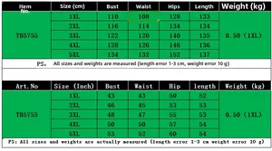 Size chart for plus size ruched dress TB5755 with measurements from 1XL to 5XL in CM and Inch