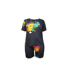 Set casual da donna due pezzi con stampa a spruzzi di vernice colorata su nero