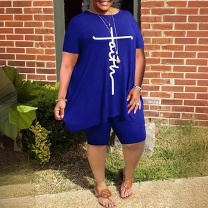 Completo Donna Taglie Forti T-Shirt E Pantaloncini Ciclista Poliestere Faith Croce Stampa Lettere Abbigliamento Estivo Casual