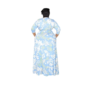 Plus size light blue floral long sleeve V-neck maxi dress shown from the back view