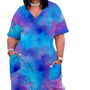 Women's plus size V-neck short sleeve dress with blue purple watercolor tie-dye print
