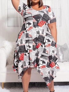 Plus size short sleeve dress featuring stylish red and black newspaper print pattern
