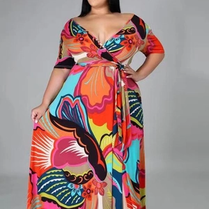 Plus Size Women V Neck Maxi Dress Short Sleeve Floral Print Wrap Dress Boho High Slit Vacation Beach Party Dress