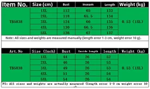 Detailed size chart for solid color jumpsuit TB5838 featuring 1XL to 5XL measurements