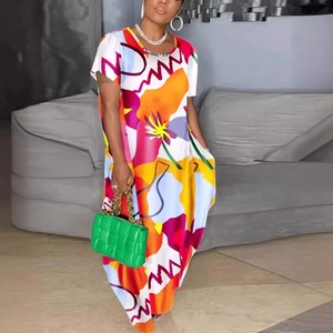 Women's Plus Size Maxi Dress Abstract Art Graffiti Print Round Neck Short Sleeve Loose Bohemian Casual Long Summer Dress