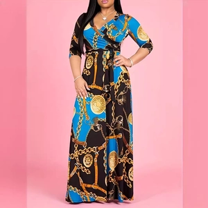 Women Plus Size V Neck Wrap Maxi Dress Elegant Geometric Baroque Print Long Sleeve Tie Waist Polyester Vacation Party Long Dress