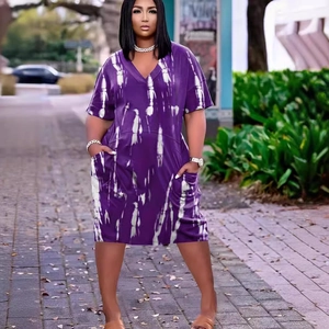 Classic purple and white tie-dye short sleeve V-neck dress with practical side pockets