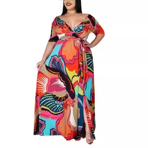 Elegant plus size floral V-neck wrap maxi dress with high waist tie for summer fashion