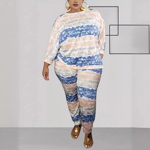 Outfit Casual da Donna Taglie Forti Top E Pantaloni Tie Dye a Righe Manica Lunga Girocollo Streetwear