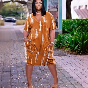 Women's plus size orange marble print V-neck loose dress with short sleeves