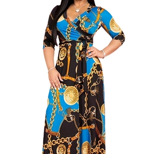 Elegant V-neck long dress featuring golden baroque chain prints and belted waist design