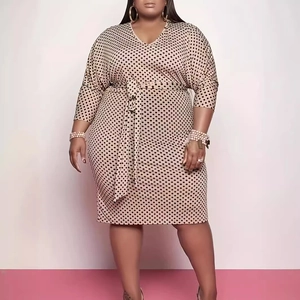 Plus Size Polka Dot Dress Women V Neck Three Quarter Sleeve Bodycon Midi Dress With Self Tie Waist Casual Party Office Dress