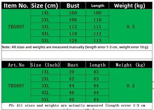 Tableau des tailles détaillé pour robe moulante grande taille TB5897 mesures 1XL-5XL